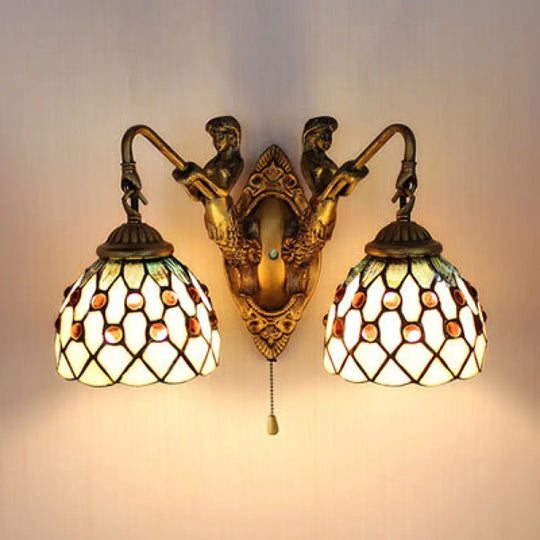 Tiffany Curve Arm/Mermaid Glass Wall Sconce Lighting - 2 Heads Beige Pull Chain Switch / Mermaid