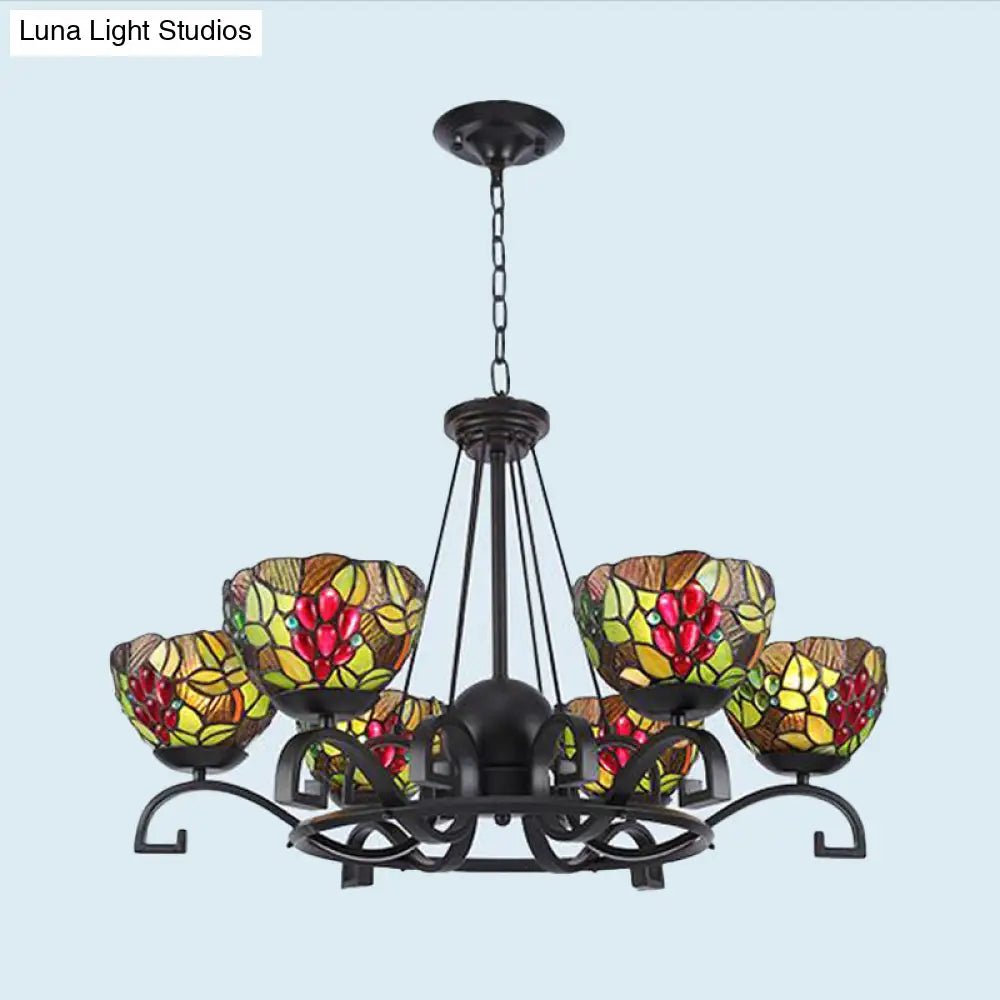 Tiffany Chandelier Light With Black Curved Arms And Cut Glass Suspension - 3/6/8 Lights For Living