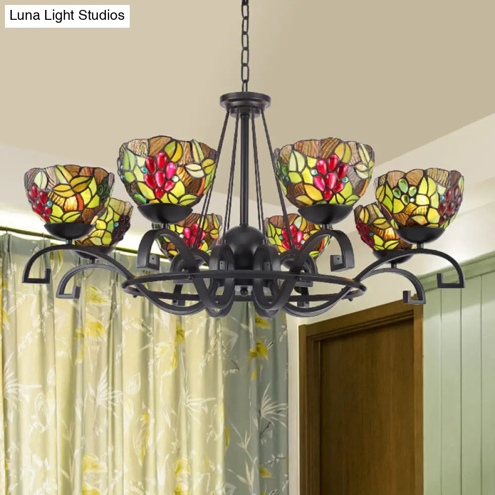 Tiffany Chandelier Light With Black Curved Arms And Cut Glass Suspension - 3/6/8 Lights For Living