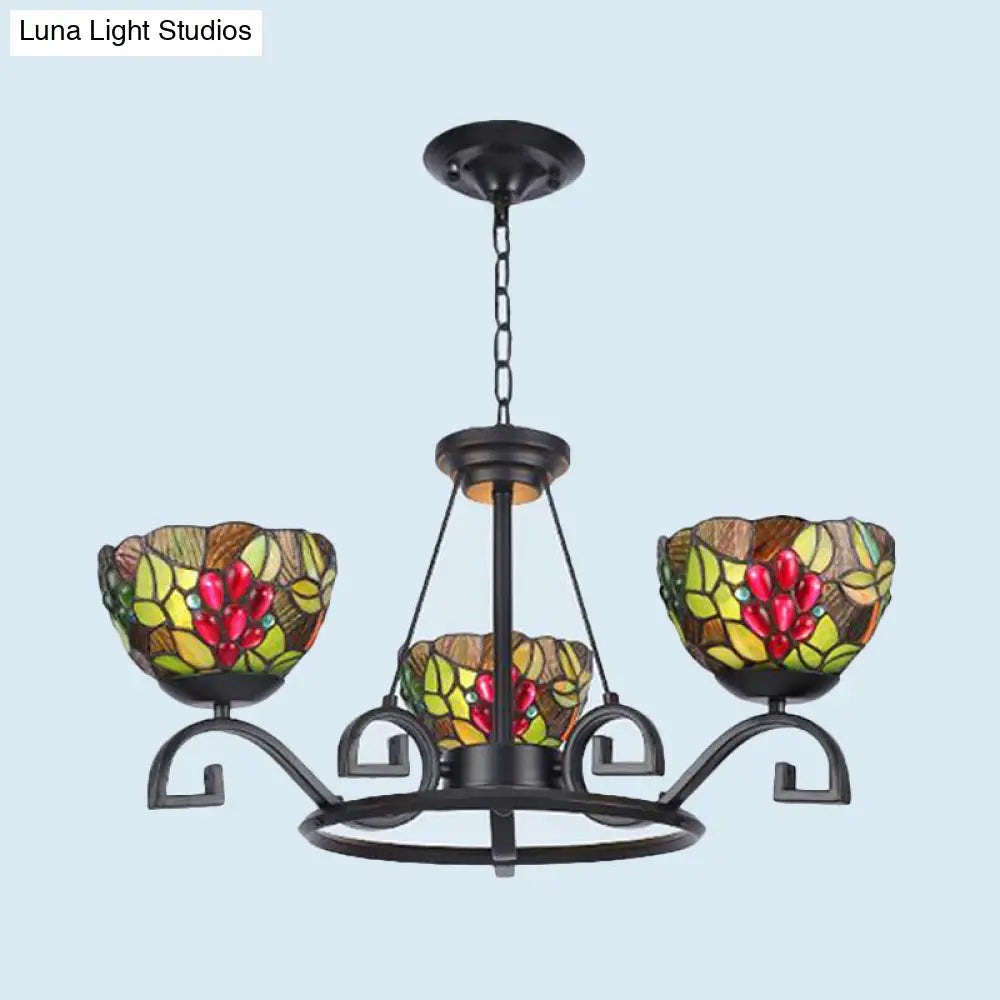 Tiffany Chandelier Light With Black Curved Arms And Cut Glass Suspension - 3/6/8 Lights For Living