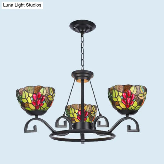 Tiffany Chandelier Light With Black Curved Arms And Cut Glass Suspension - 3/6/8 Lights For Living