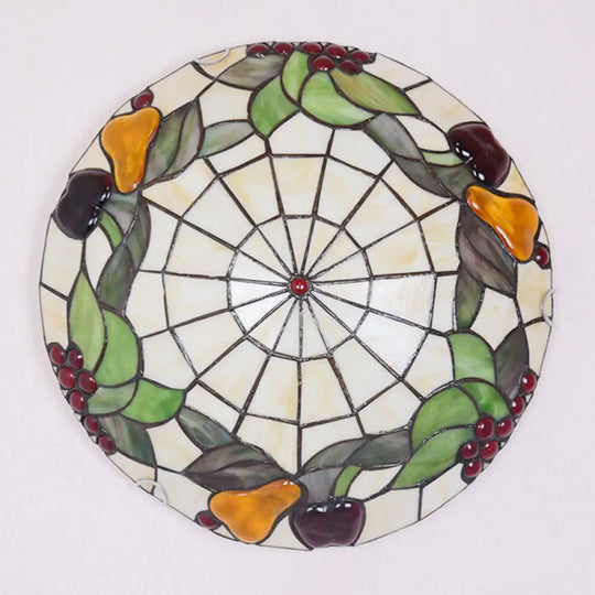 Tiffany Cut Glass Flush Mount Ceiling Lamp With Fruit Pattern In Green / 12