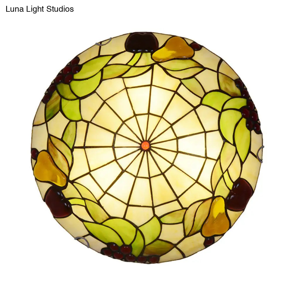 Tiffany Cut Glass Flush Mount Ceiling Lamp With Fruit Pattern In Green