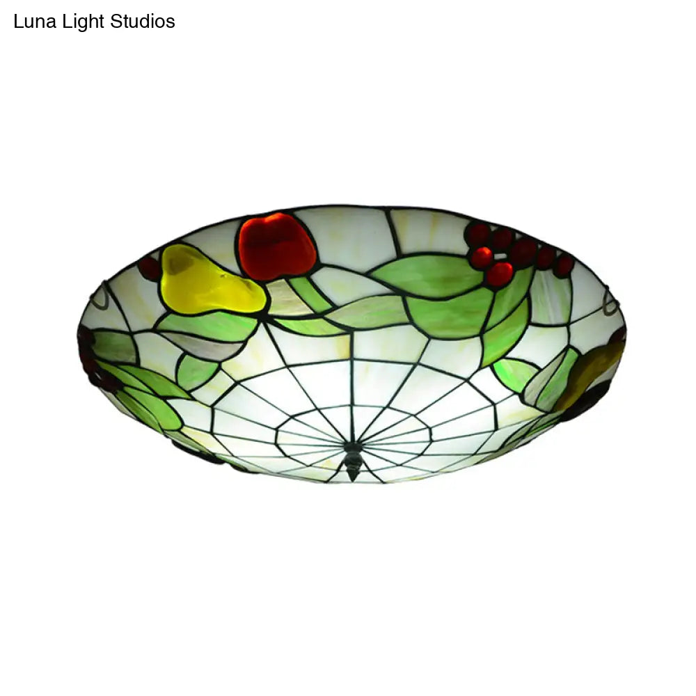 Tiffany Cut Glass Flush Mount Ceiling Lamp With Fruit Pattern In Green