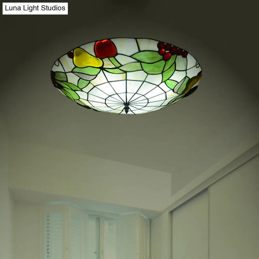 Tiffany Cut Glass Flush Mount Ceiling Lamp With Fruit Pattern In Green