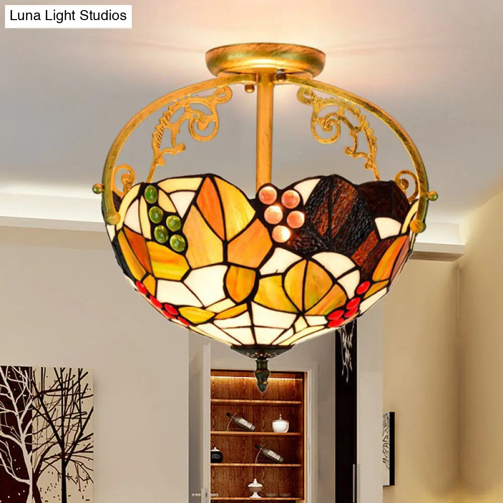Tiffany Cut Glass Semi-Flush Ceiling Light With Brass Finish For Bedrooms - 2/3 Lights