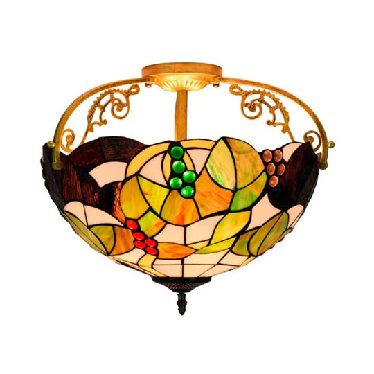 Tiffany Cut Glass Semi - Flush Ceiling Light With Brass Finish For Bedrooms - 2/3 Lights 3 /