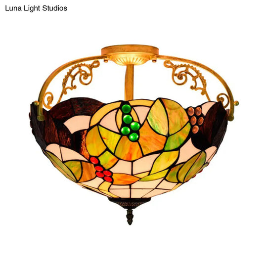Tiffany Cut Glass Semi-Flush Ceiling Light With Brass Finish For Bedrooms - 2/3 Lights 3 /