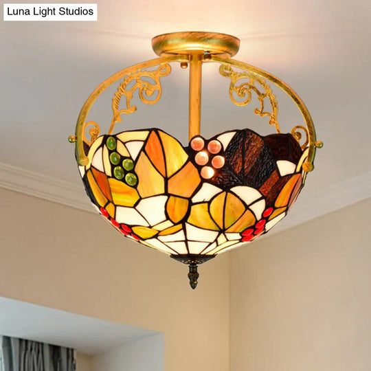 Tiffany Cut Glass Semi-Flush Ceiling Light With Brass Finish For Bedrooms - 2/3 Lights 2 /