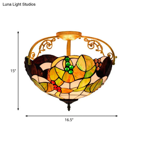 Tiffany Cut Glass Semi-Flush Ceiling Light With Brass Finish For Bedrooms - 2/3 Lights