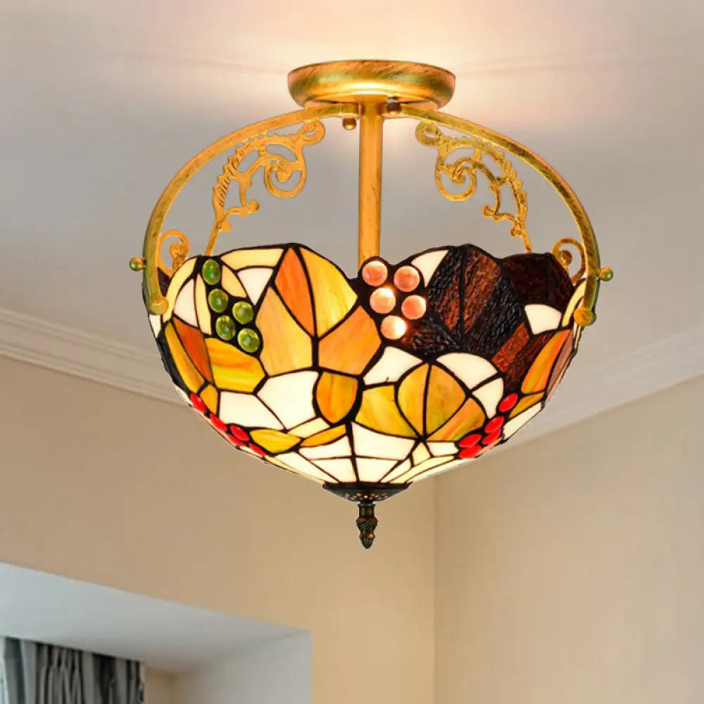 Tiffany Cut Glass Semi - Flush Ceiling Light With Brass Finish For Bedrooms - 2/3 Lights 2 /
