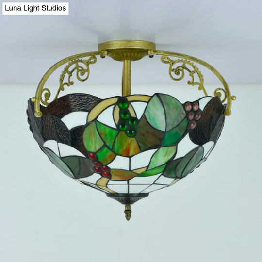 Tiffany Cut Glass Semi - Flush Ceiling Light With Brass Finish For Bedrooms - 2/3 Lights