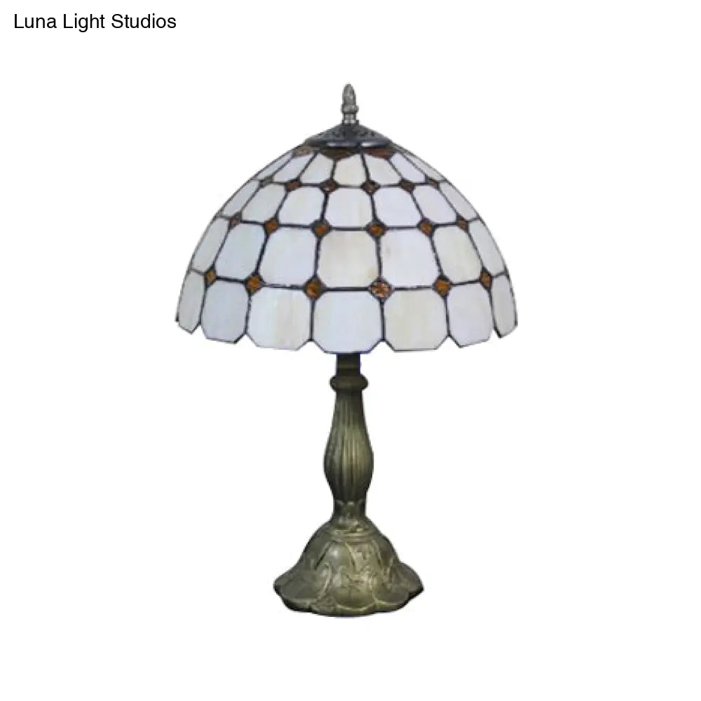 Tiffany Desk Lamp With Bead Glass Single Light - 12/8 Wide Lattice Bowl Design White For Office Or