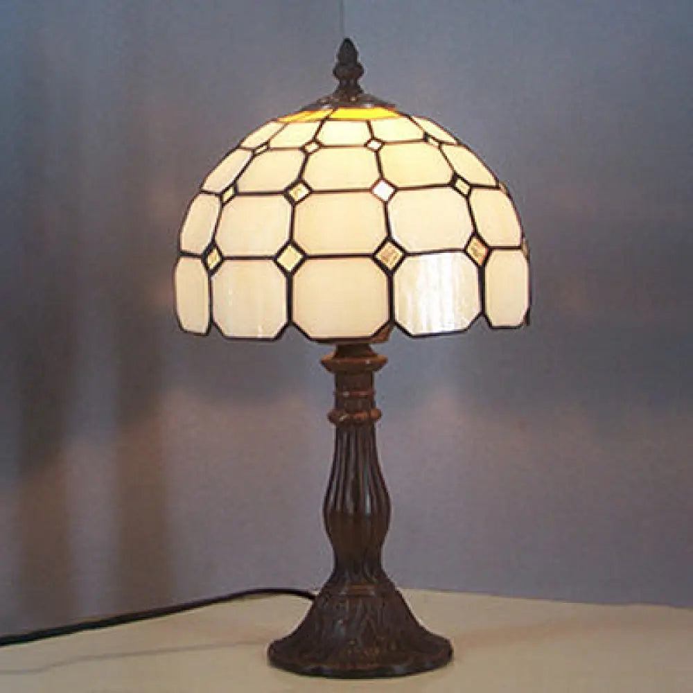 Tiffany Desk Lamp With Bead Glass Single Light - 12/8 Wide Lattice Bowl Design White For Office Or