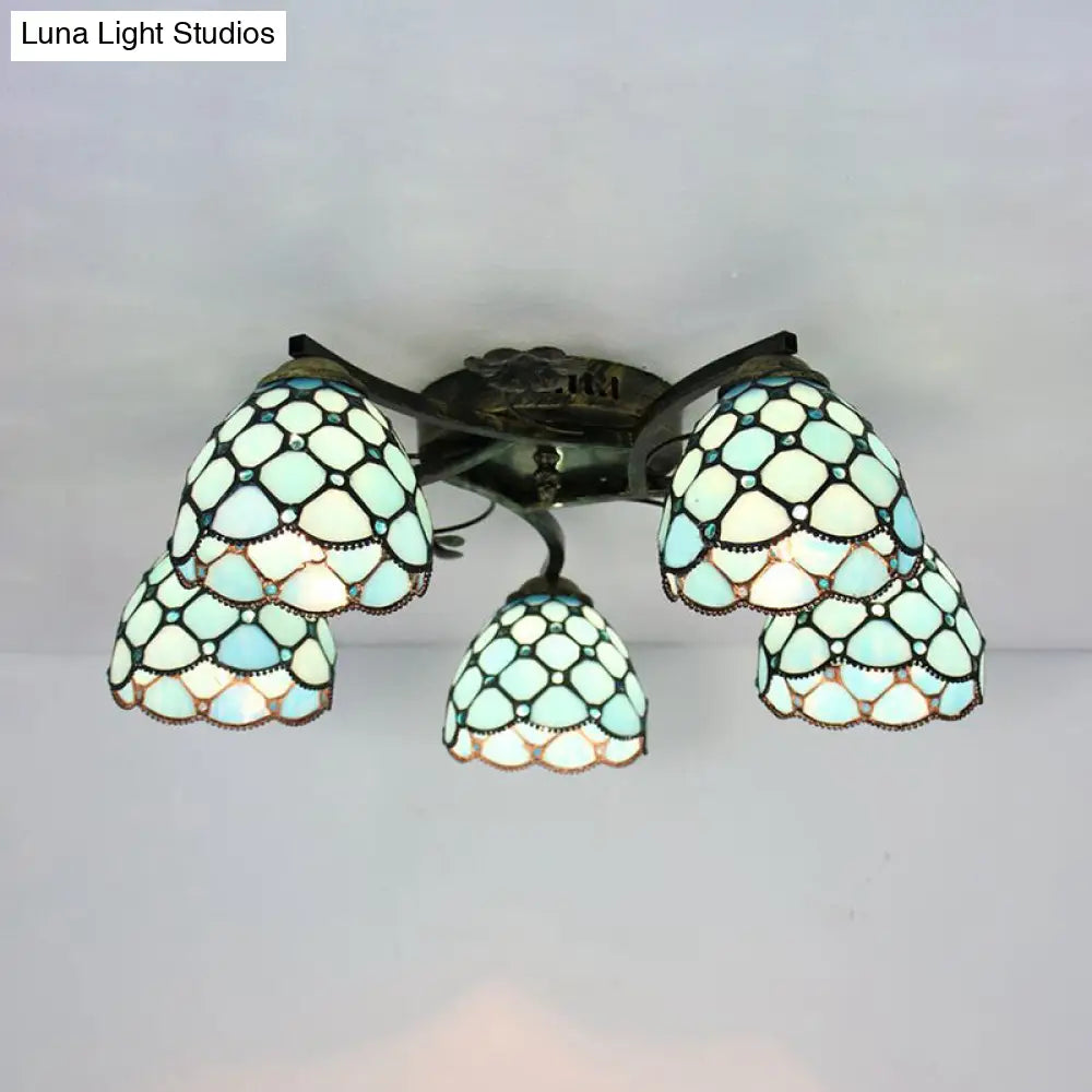 Tiffany Dome Semi Flushmount With Fish Scale Stained Glass - 5-Light Fixture For Bedroom