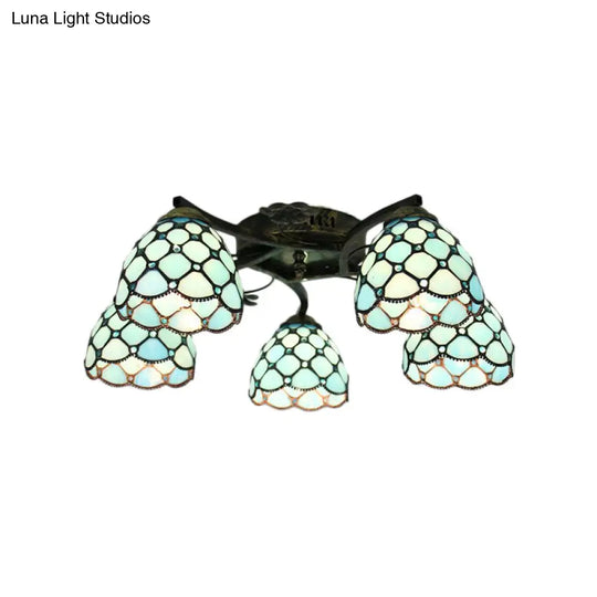 Tiffany Dome Semi Flushmount With Fish Scale Stained Glass - 5-Light Fixture For Bedroom