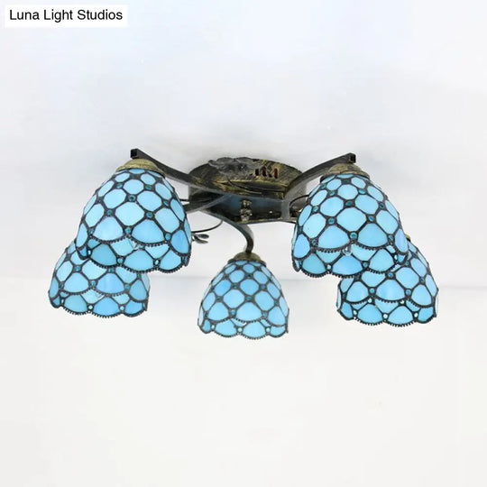 Tiffany Dome Semi Flushmount With Fish Scale Stained Glass - 5-Light Fixture For Bedroom Blue
