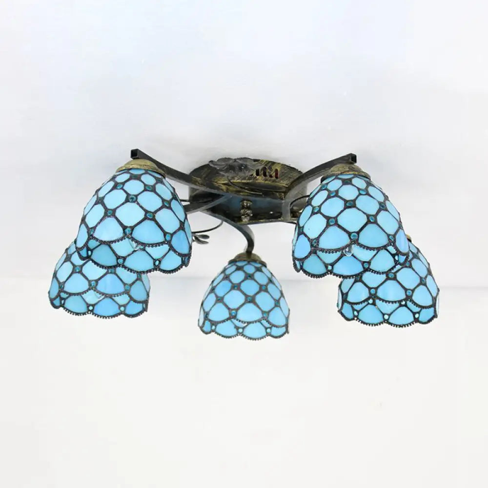 Tiffany Dome Fish Scale Stained Glass Semi Flushmount Light Fixture (5 Lights) - Ideal For Bedrooms