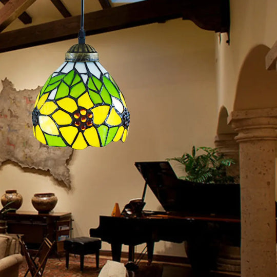 Tiffany Dome Pendant Lamp - Green Handcrafted Stained Glass Light Fixture With Sunflower Pattern