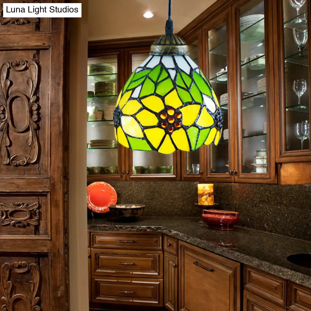 Tiffany Dome Pendant Lamp - Green Handcrafted Stained Glass Light Fixture With Sunflower Pattern