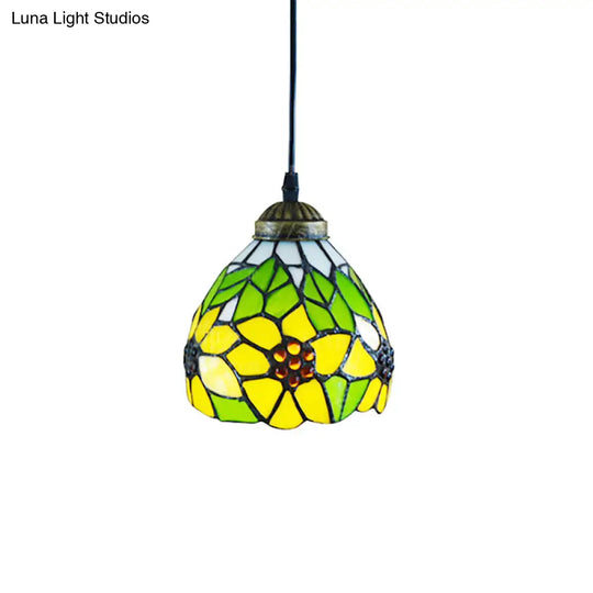 Tiffany Dome Pendant Lamp - Green Handcrafted Stained Glass Light Fixture With Sunflower Pattern