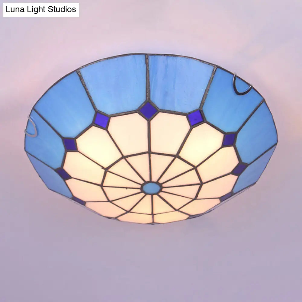 Tiffany Dome Shade Led Flush Mount Lighting For Bedroom - Gridded Glass Fixture Blue / 16