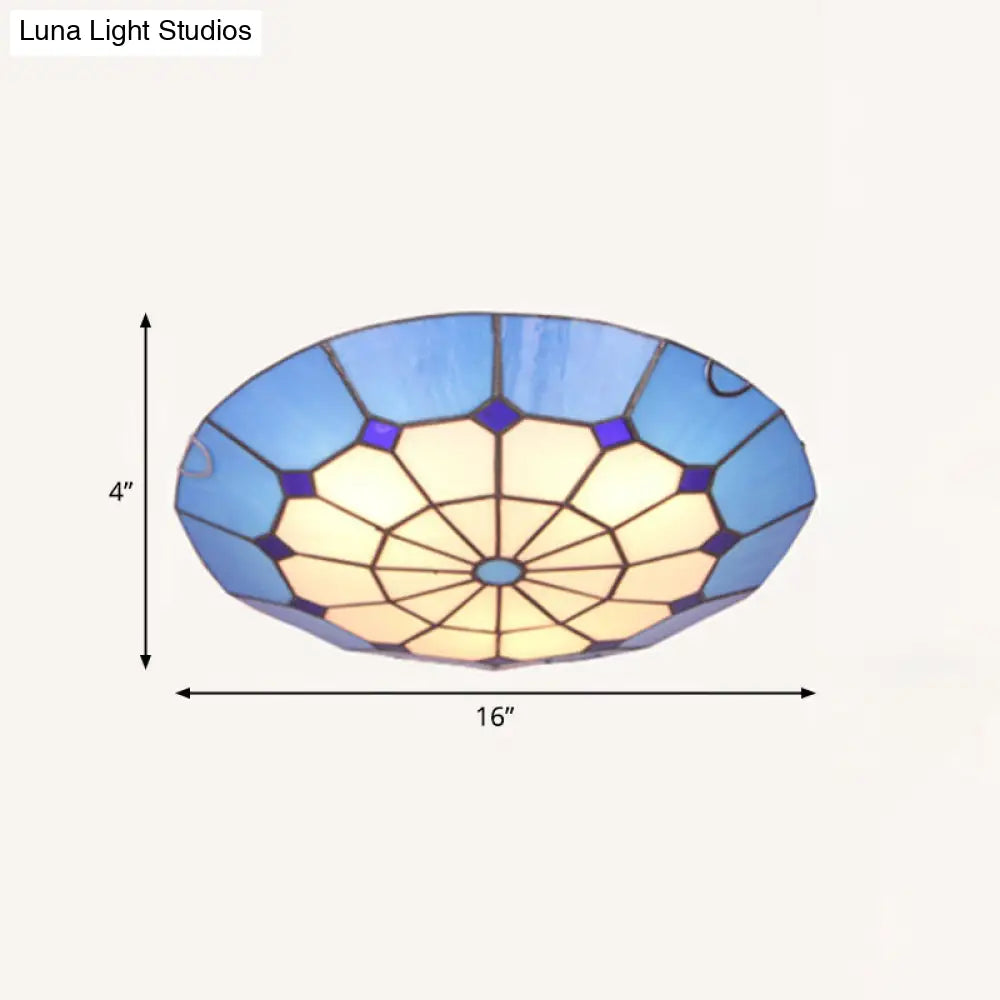 Tiffany Dome Shade Led Flush Mount Lighting For Bedroom - Gridded Glass Fixture