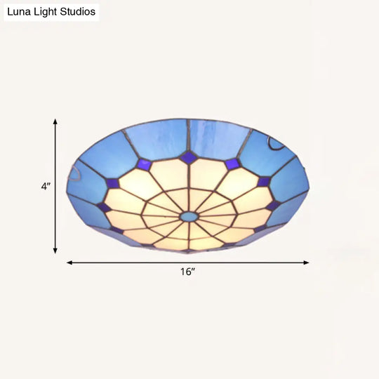 Tiffany Dome Shade Led Flush Mount Lighting For Bedroom - Gridded Glass Fixture