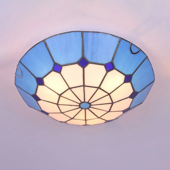 Tiffany Dome Shade Led Flush Mount Lighting For Bedroom - Gridded Glass Fixture Blue / 12’