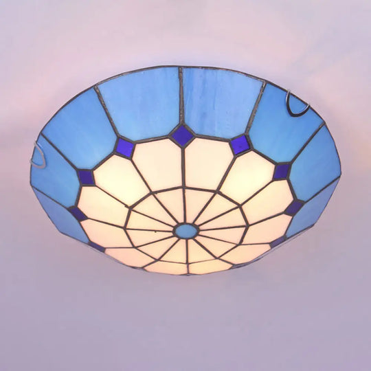 Tiffany Dome Shade Led Flush Mount Lighting For Bedroom - Gridded Glass Fixture Blue / 16’