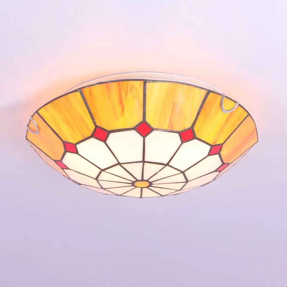 Tiffany Dome Shade Led Flush Mount Lighting For Bedroom - Gridded Glass Fixture Yellow / 12’