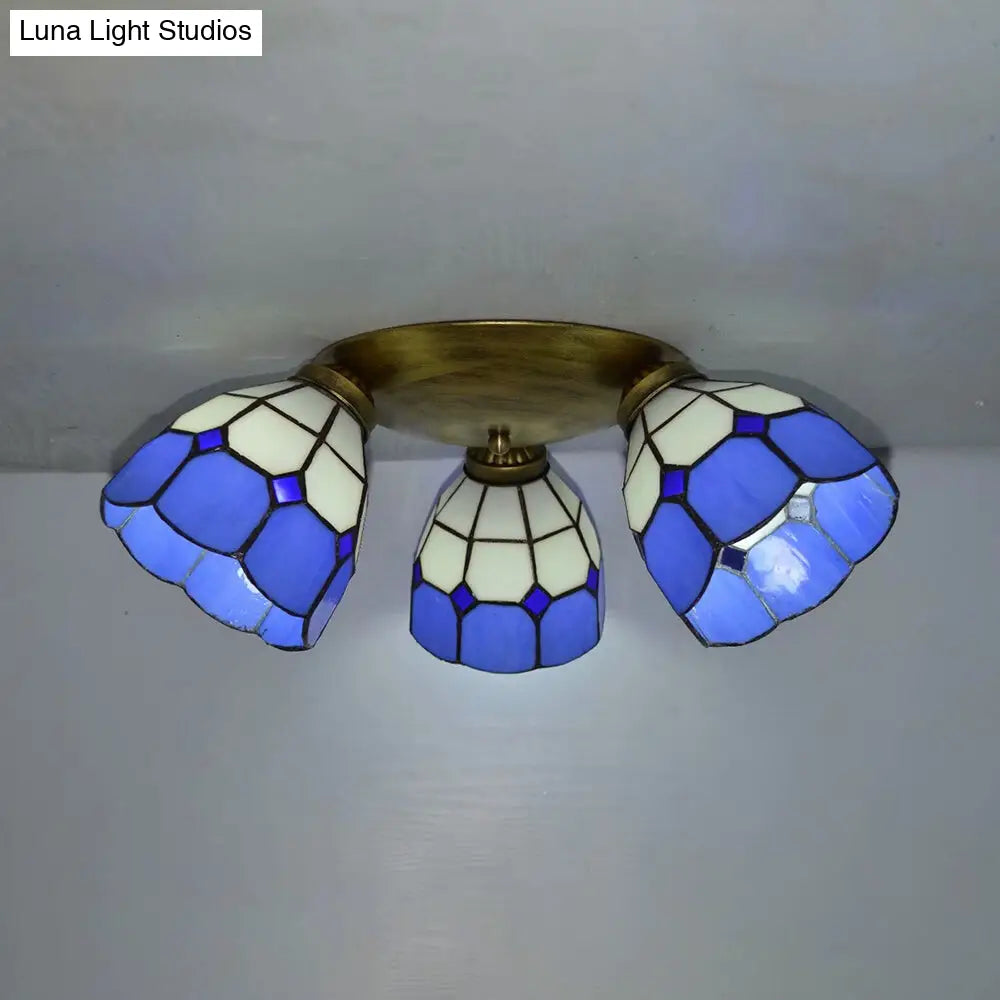 Tiffany Dome Stained Glass Ceiling Light - 3 Lights Flush Mount In Pink/Yellow/Orange/Sky Blue/Dark