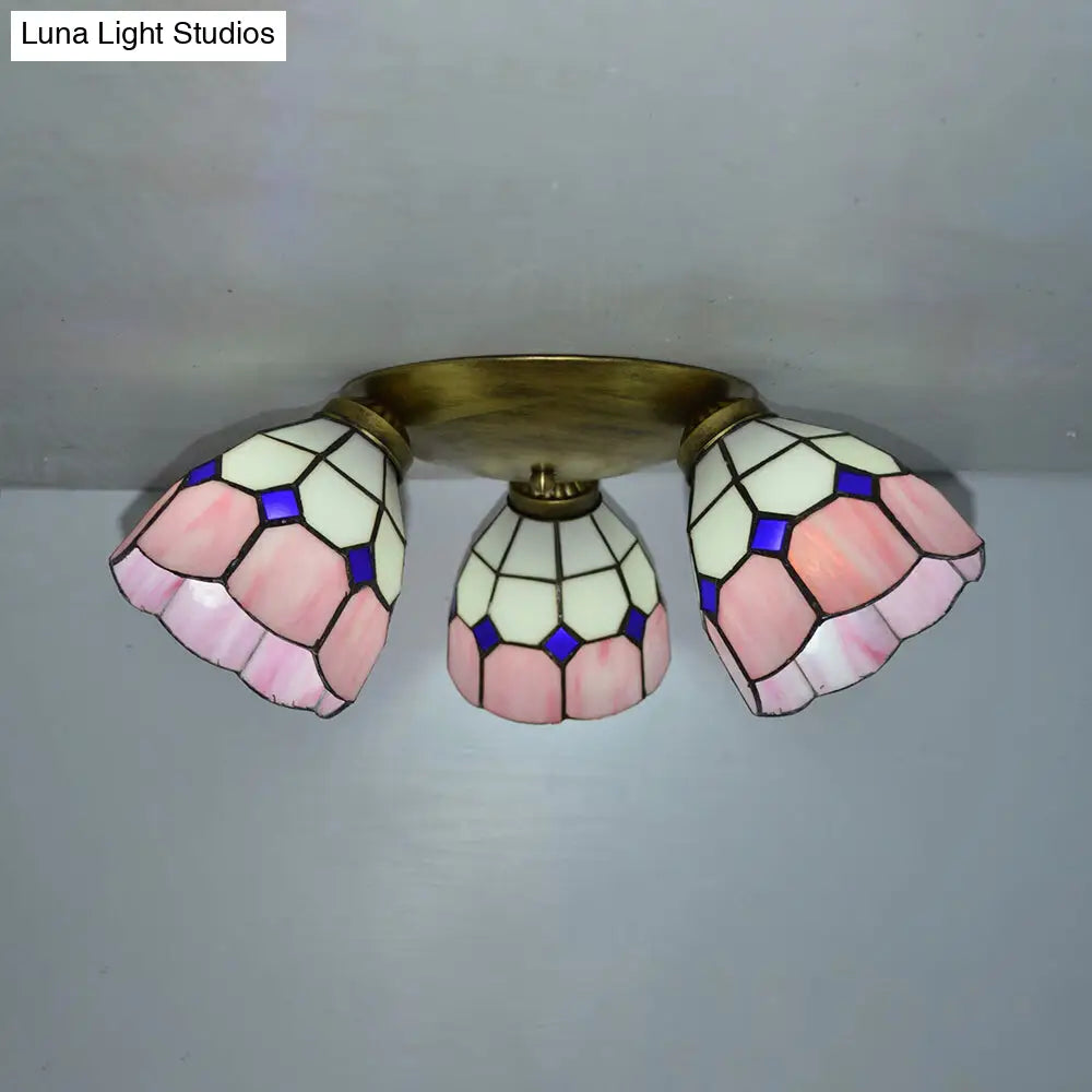 Tiffany Dome Stained Glass Ceiling Light - 3 Lights Flush Mount In Pink/Yellow/Orange/Sky Blue/Dark