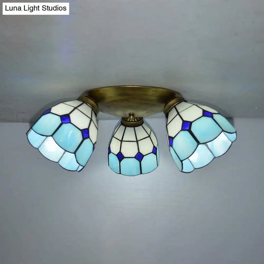 Tiffany Dome Stained Glass Ceiling Fixture With 3 Lights - Flush Mount Light In Colorful Hues