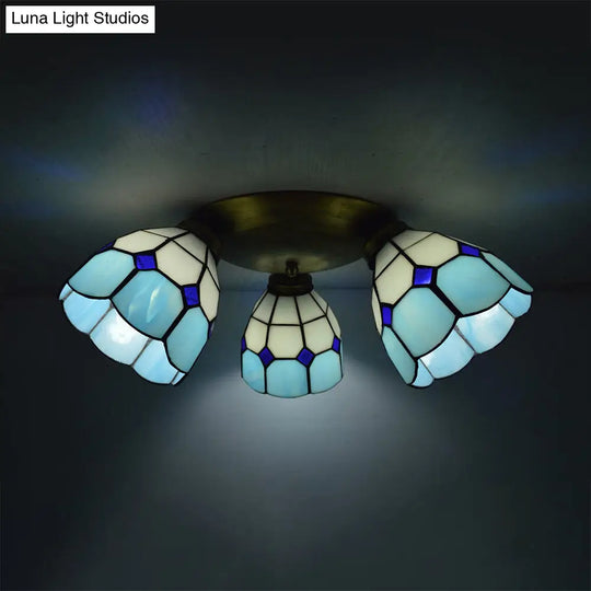 Tiffany Dome Stained Glass Ceiling Light - 3 Lights Flush Mount In Pink/Yellow/Orange/Sky Blue/Dark