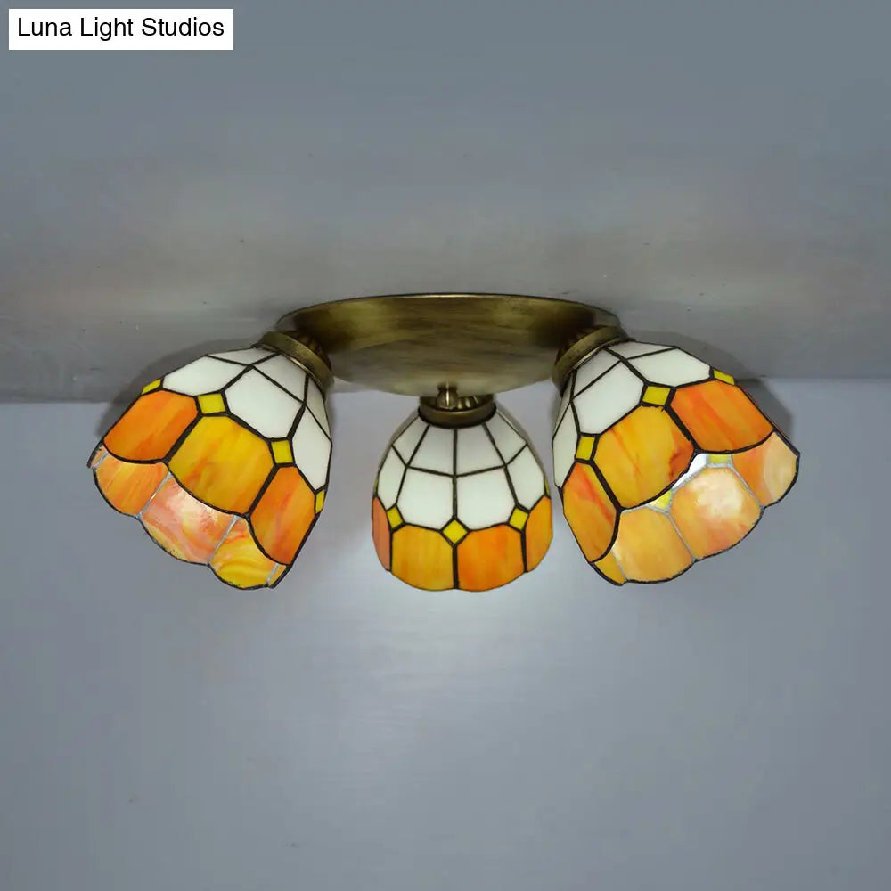 Tiffany Dome Stained Glass Ceiling Light - 3 Lights Flush Mount In Pink/Yellow/Orange/Sky Blue/Dark