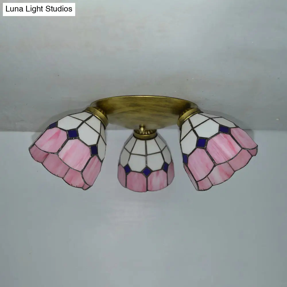 Tiffany Dome Stained Glass Ceiling Light - 3 Lights Flush Mount In Pink/Yellow/Orange/Sky Blue/Dark