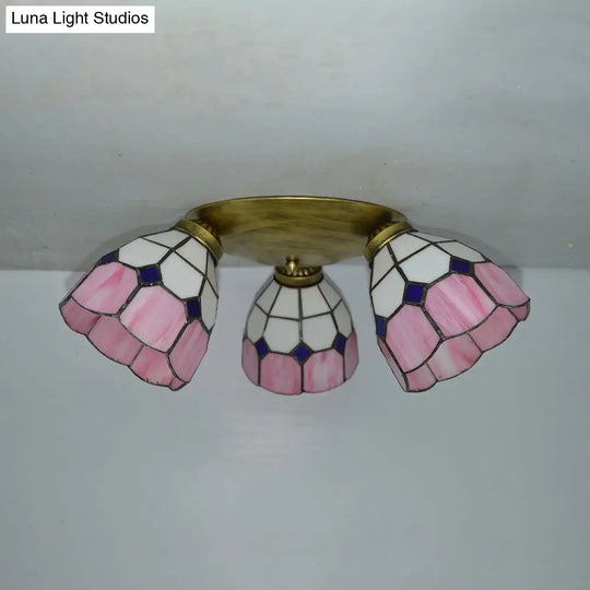 Tiffany Dome Stained Glass Ceiling Light - 3 Lights Flush Mount In Pink/Yellow/Orange/Sky Blue/Dark