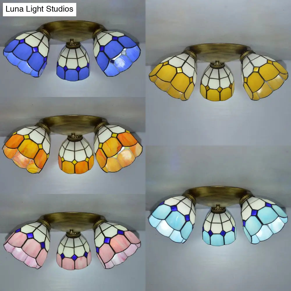 Tiffany Dome Stained Glass Ceiling Fixture With 3 Lights - Flush Mount Light In Colorful Hues