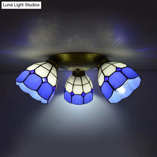 Tiffany Dome Stained Glass Ceiling Light - 3 Lights Flush Mount In Pink/Yellow/Orange/Sky Blue/Dark