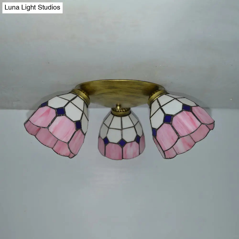 Tiffany Dome Stained Glass Ceiling Fixture With 3 Lights - Flush Mount Light In Colorful Hues