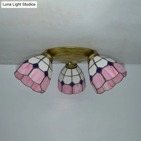 Tiffany Dome Stained Glass Ceiling Fixture With 3 Lights - Flush Mount Light In Colorful Hues