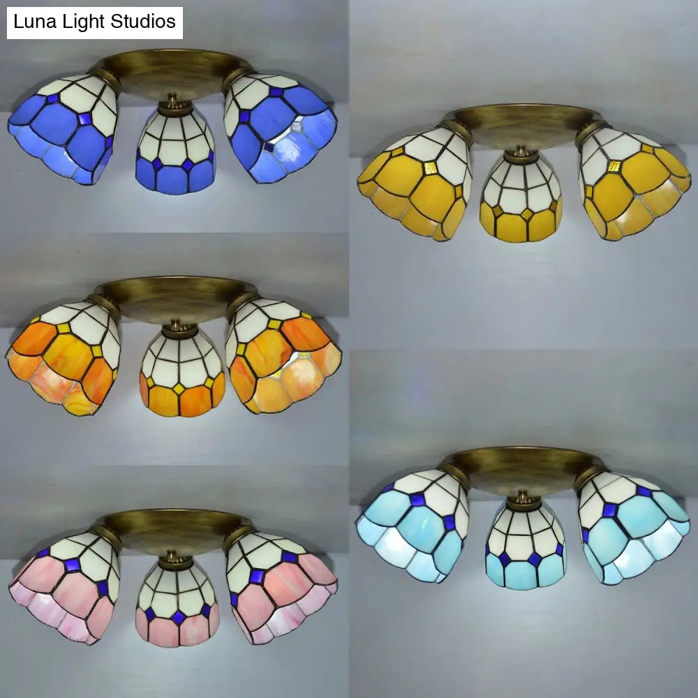 Tiffany Dome Stained Glass Ceiling Light - 3 Lights Flush Mount In Pink/Yellow/Orange/Sky Blue/Dark