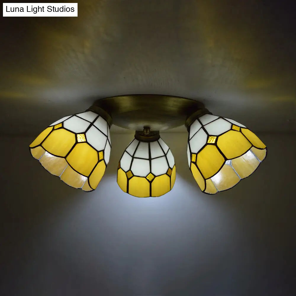 Tiffany Dome Stained Glass Ceiling Light - 3 Lights Flush Mount In Pink/Yellow/Orange/Sky Blue/Dark