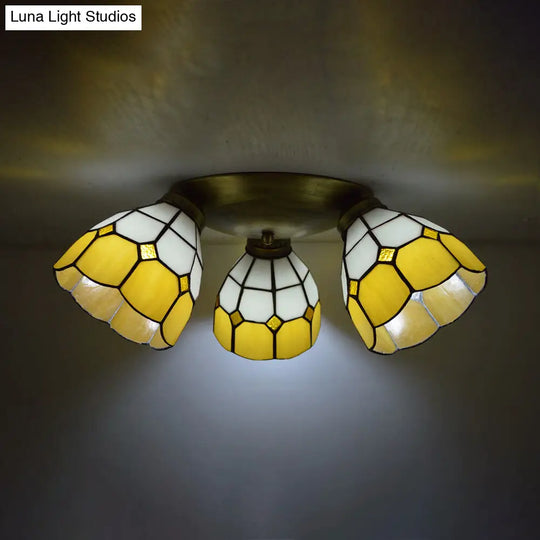Tiffany Dome Stained Glass Ceiling Light - 3 Lights Flush Mount In Pink/Yellow/Orange/Sky Blue/Dark