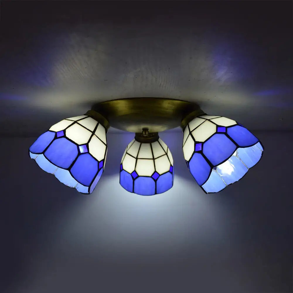 Tiffany Dome Stained Glass Ceiling Fixture With 3 Lights - Flush Mount Light In Colorful Hues