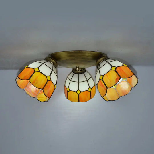 Tiffany Dome Stained Glass Ceiling Fixture With 3 Lights - Flush Mount Light In Colorful Hues