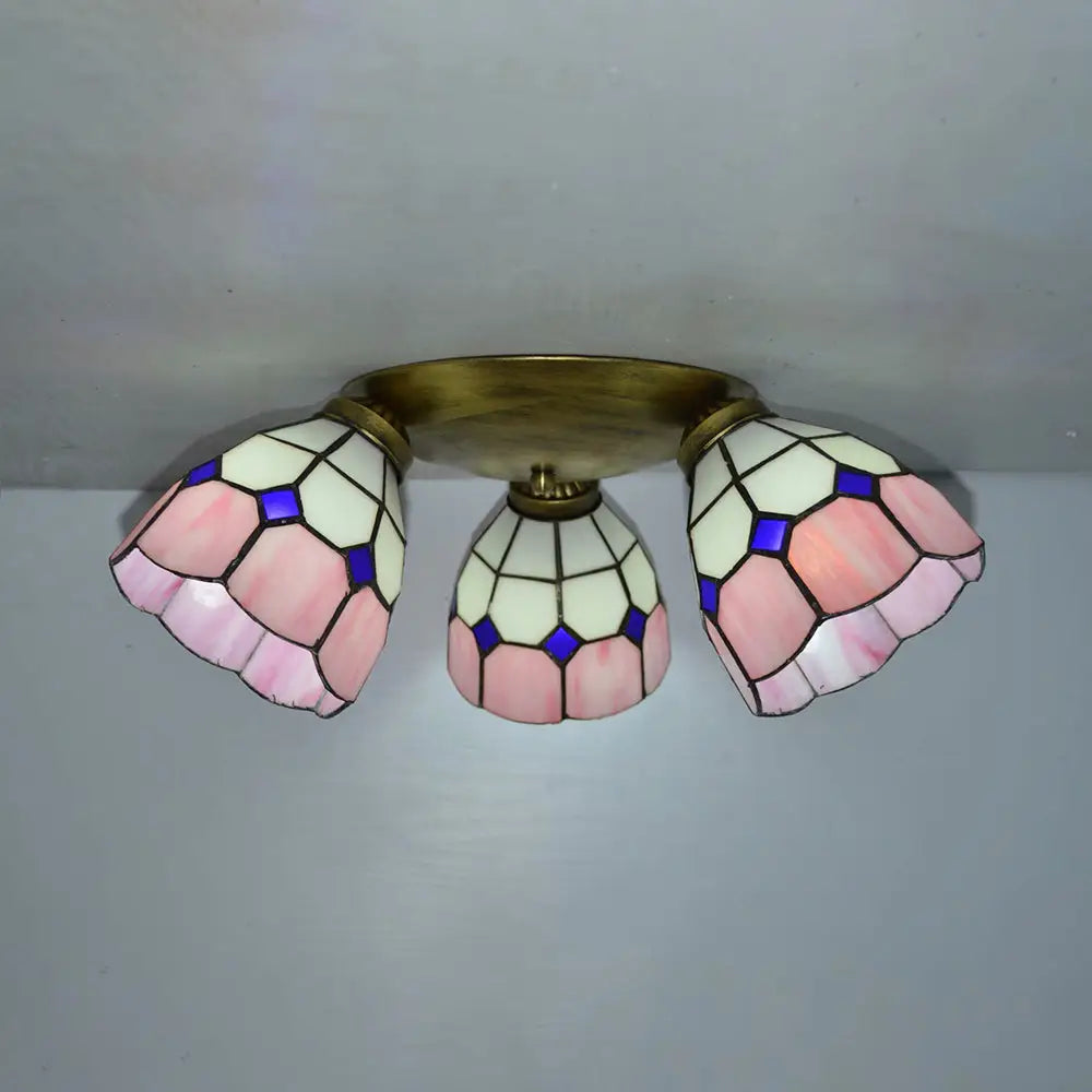 Tiffany Dome Stained Glass Ceiling Fixture With 3 Lights - Flush Mount Light In Colorful Hues