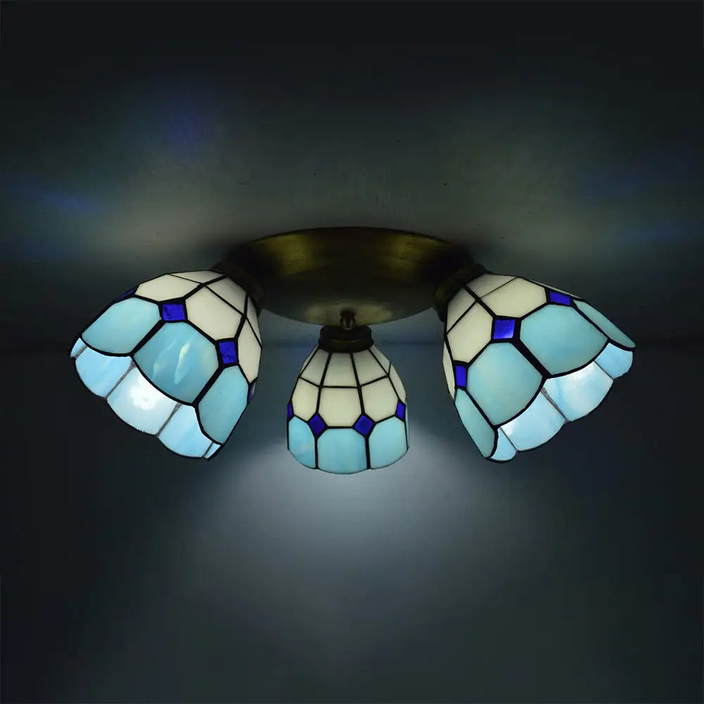 Tiffany Dome Stained Glass Ceiling Fixture With 3 Lights - Flush Mount Light In Colorful Hues