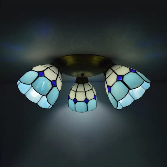 Tiffany Dome Stained Glass Ceiling Fixture With 3 Lights - Flush Mount Light In Colorful Hues